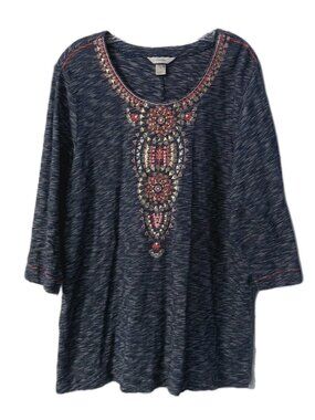 CJ Banks Shirt Size 3x Blue White Embroidered Beaded 3/4 Sleeve Striped